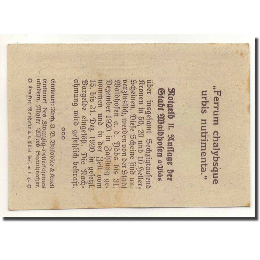 Geldschein, Österreich, Waidhofen a/d Ybbs, 10 Heller, Eglise, 1920