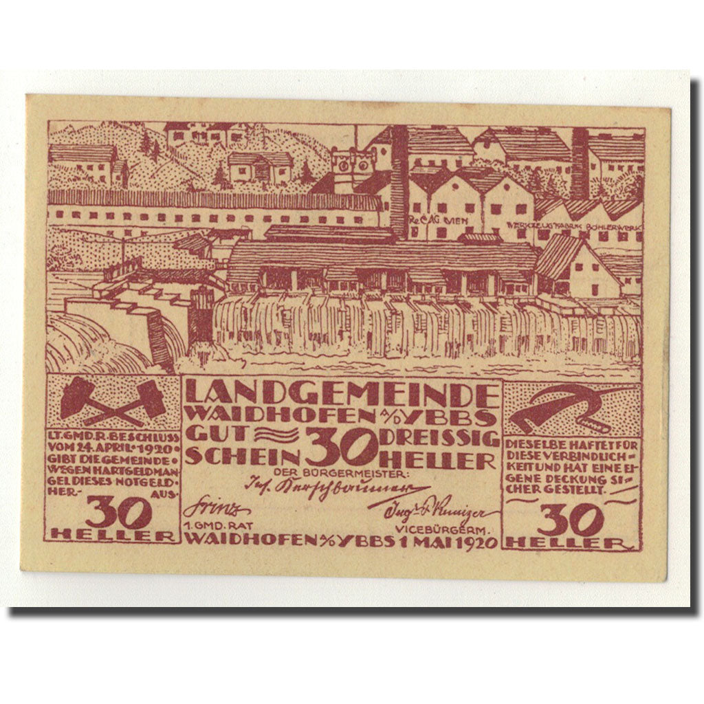 Geldschein, Österreich, Waidhofen a/d Ybbs, 30 Heller, paysage, 1920, 1920-05-01