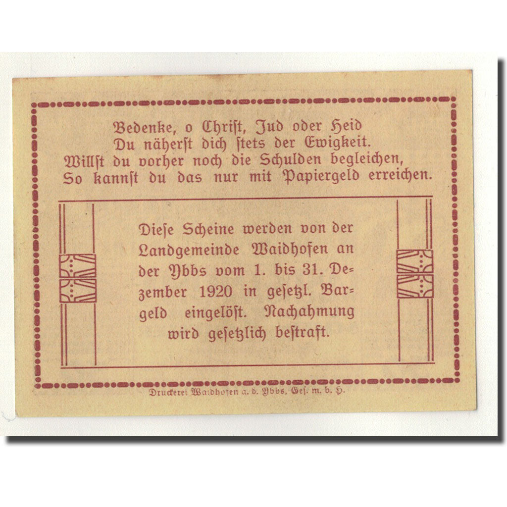 Geldschein, Österreich, Waidhofen a/d Ybbs, 30 Heller, paysage, 1920, 1920-05-01