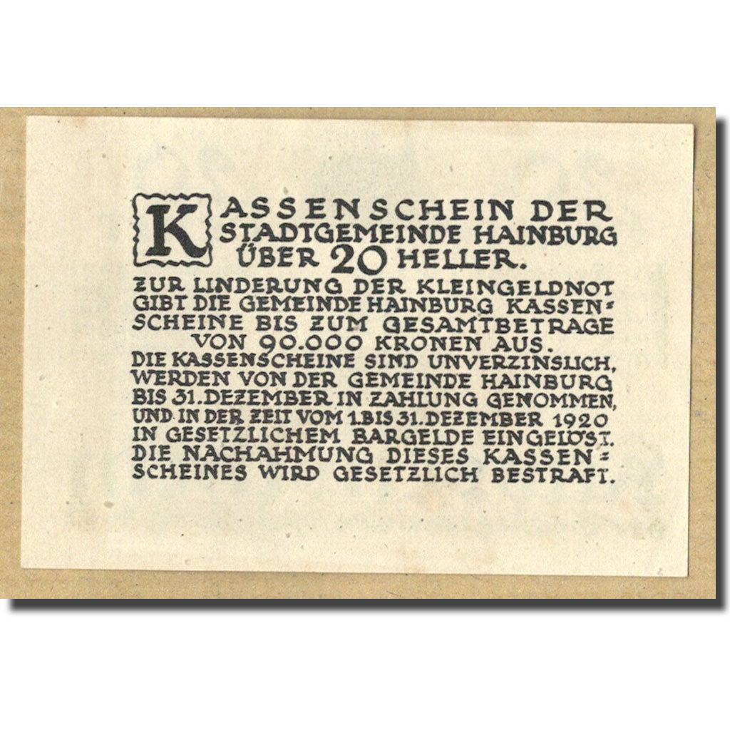 Geldschein, Österreich, Hainburg an der Donau, 20 Heller, 1920-12-31, 1920