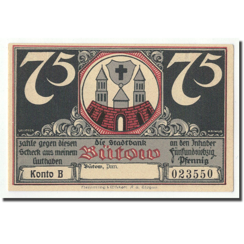 Banknot, Niemcy, Bütow, 75 Pfennig, château, 1922, Undated, UNC(63)