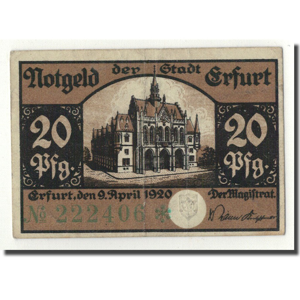 Banknot, Niemcy, Erfurt Stadt, 20 Pfennig, Eglise, 1920, 1920-04-09, UNC(63)