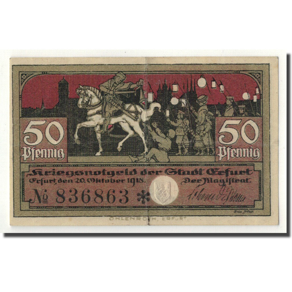 Banknot, Niemcy, Erfurt Stadt, 50 Pfennig, cavalier, 1918, 1918-10-20, UNC(63)