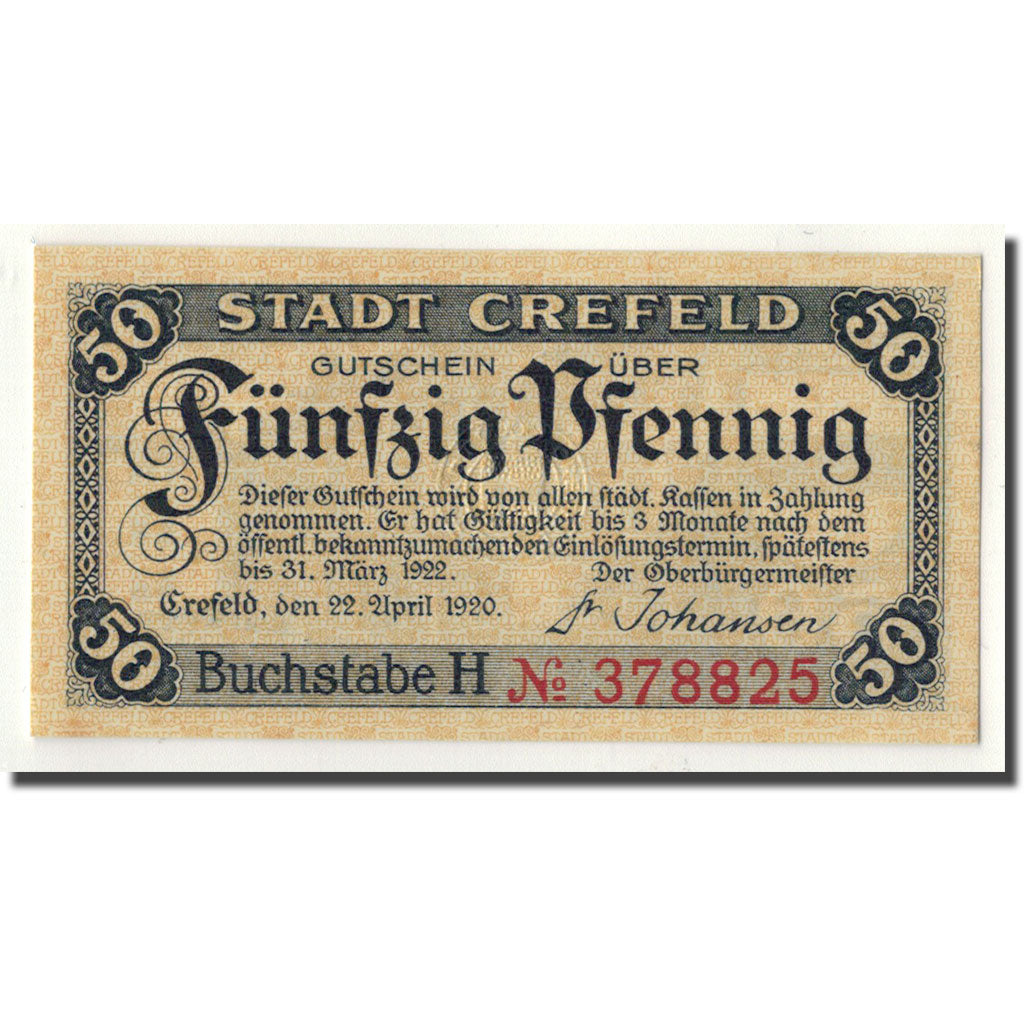 Banknot, Niemcy, Crefeld, 50 Pfennig, Monument, 1919, 1919-03-20, UNC(63)