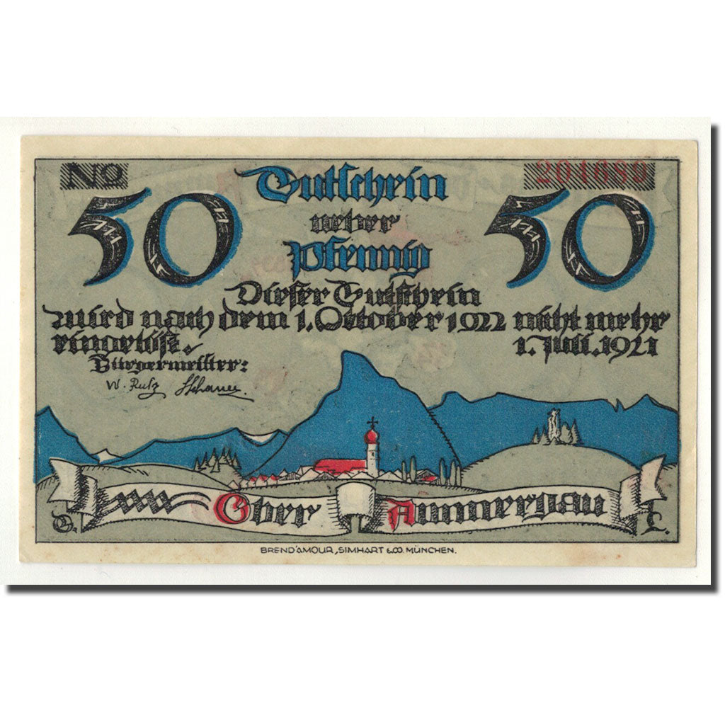 Billet, Allemagne, Oberammergau, 50 Pfennig, paysage, 1921, SPL, Mehl:992.2