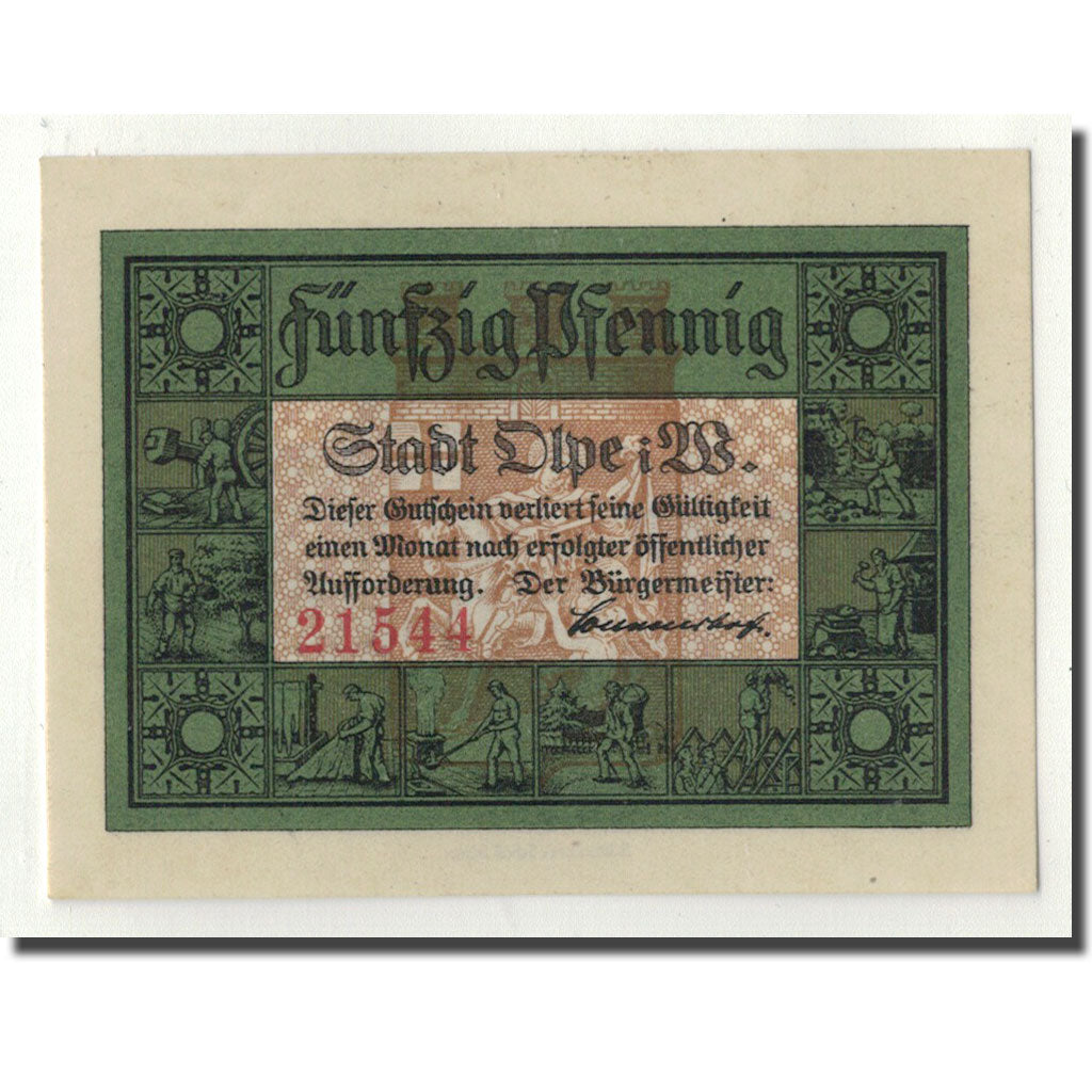 Banknot, Niemcy, Olpe, 50 Pfennig, paysage, O.D, Undated, UNC(63), Mehl:21.1