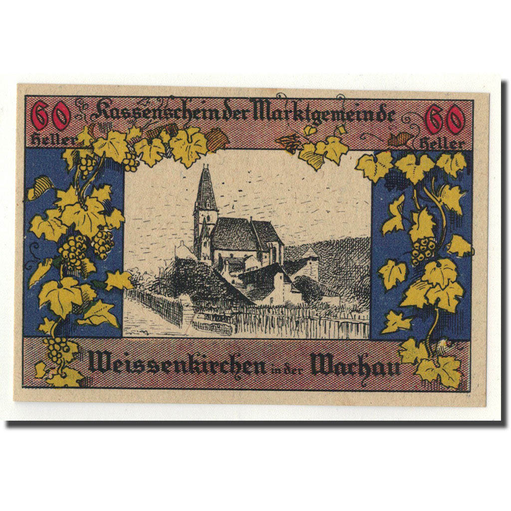 Geldschein, Österreich, Weissenkircher in der Wachau, 60 Heller, Eglise, 1920