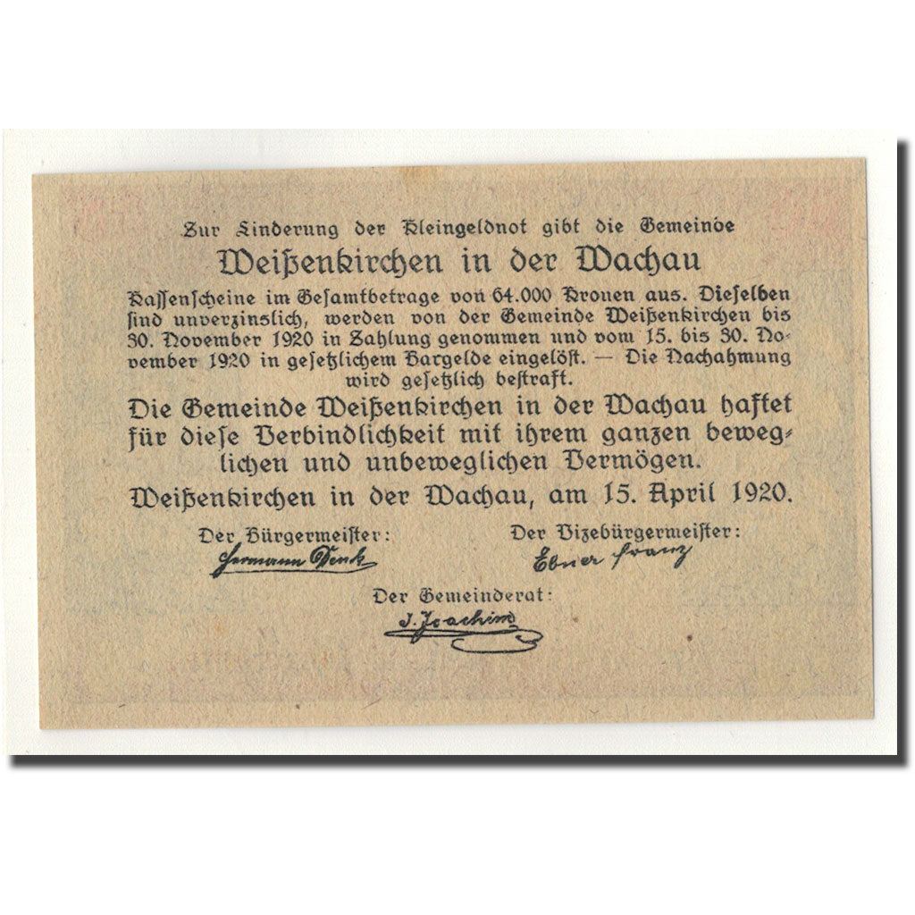 Geldschein, Österreich, Weissenkircher in der Wachau, 60 Heller, Eglise, 1920