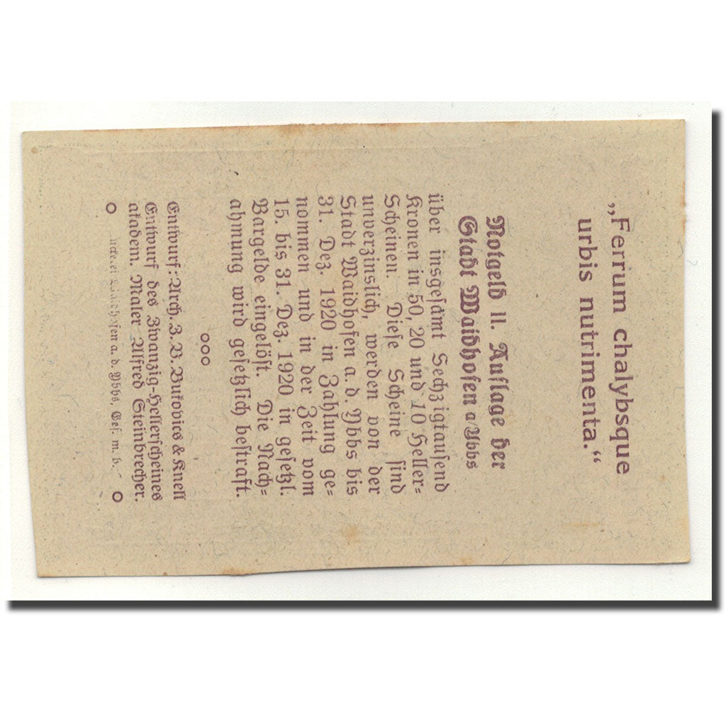 Geldschein, Österreich, Waidhofen a/d Ybbs, 50 Heller, Eglise, 1920