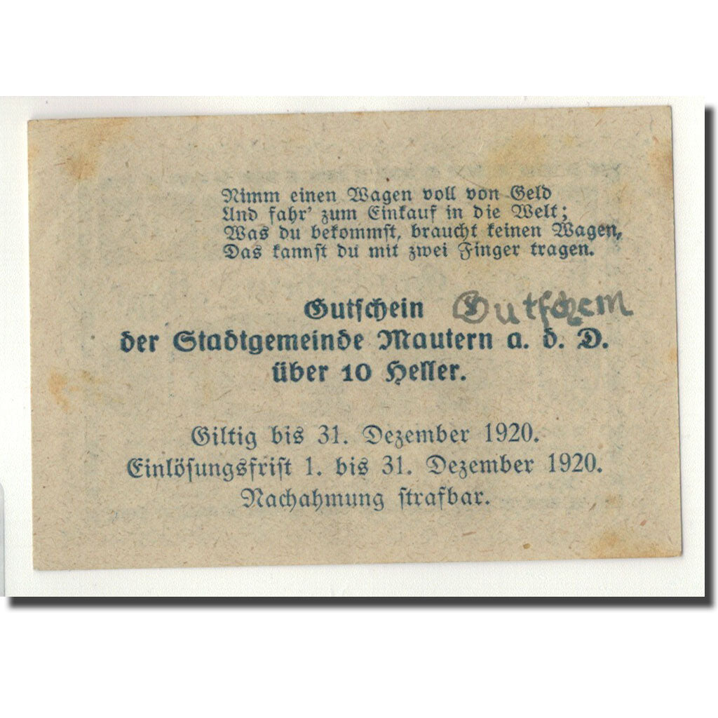 Geldschein, Österreich, Mautern, 10 Heller, pont, 1920, 1920-04-02, UNZ-