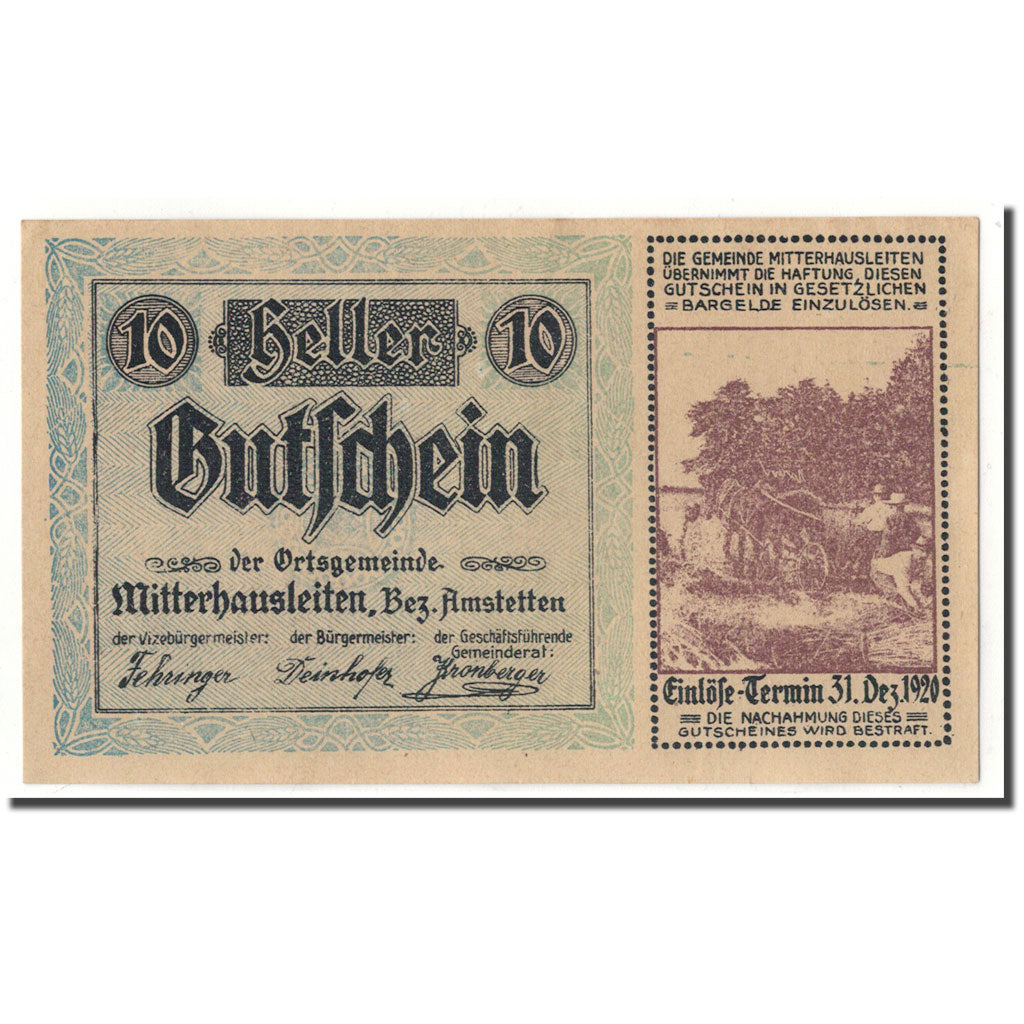 Geldschein, Österreich, Mitterhausleiten, 10 Heller, agriculteur, UNZ-