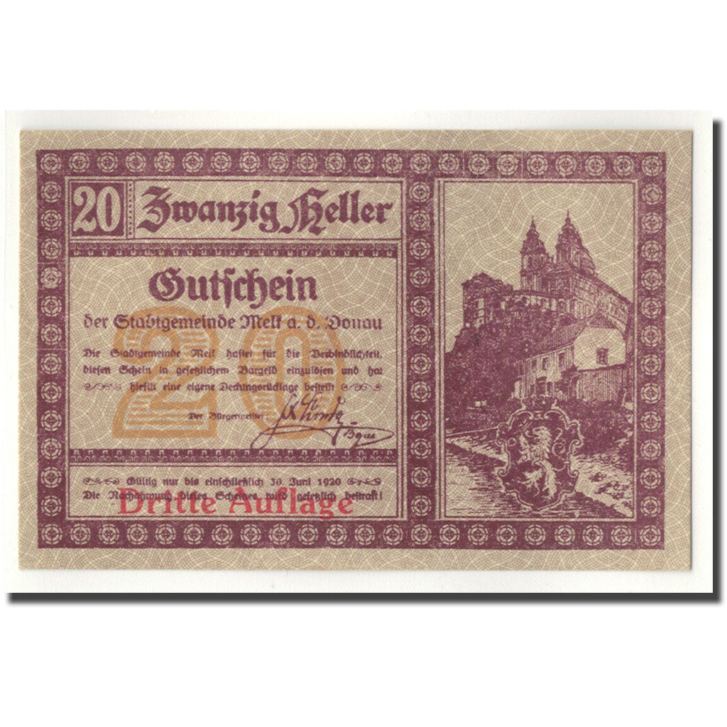 Geldschein, Österreich, Melk, 20 Heller, château, UNZ-, Mehl:605 Ib