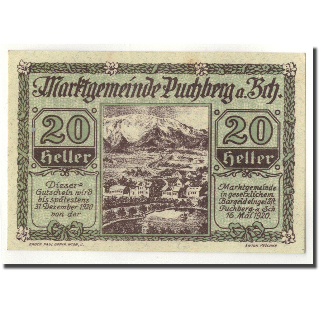 Geldschein, Österreich, Puchberg, 20 Heller, paysage, 1920, 1920-05-16, UNZ-