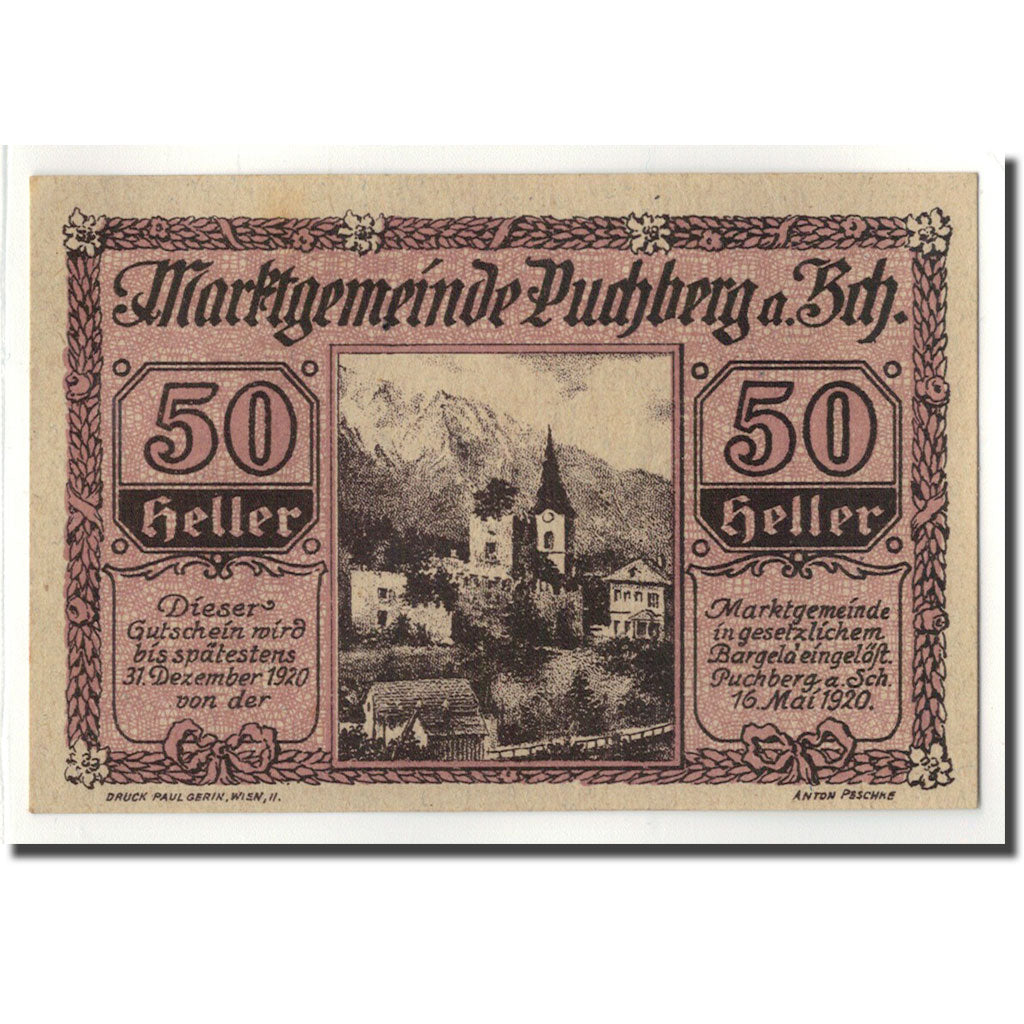 Geldschein, Österreich, Puchberg, 50 Heller, paysage, 1920, 1920-05-16, UNZ-