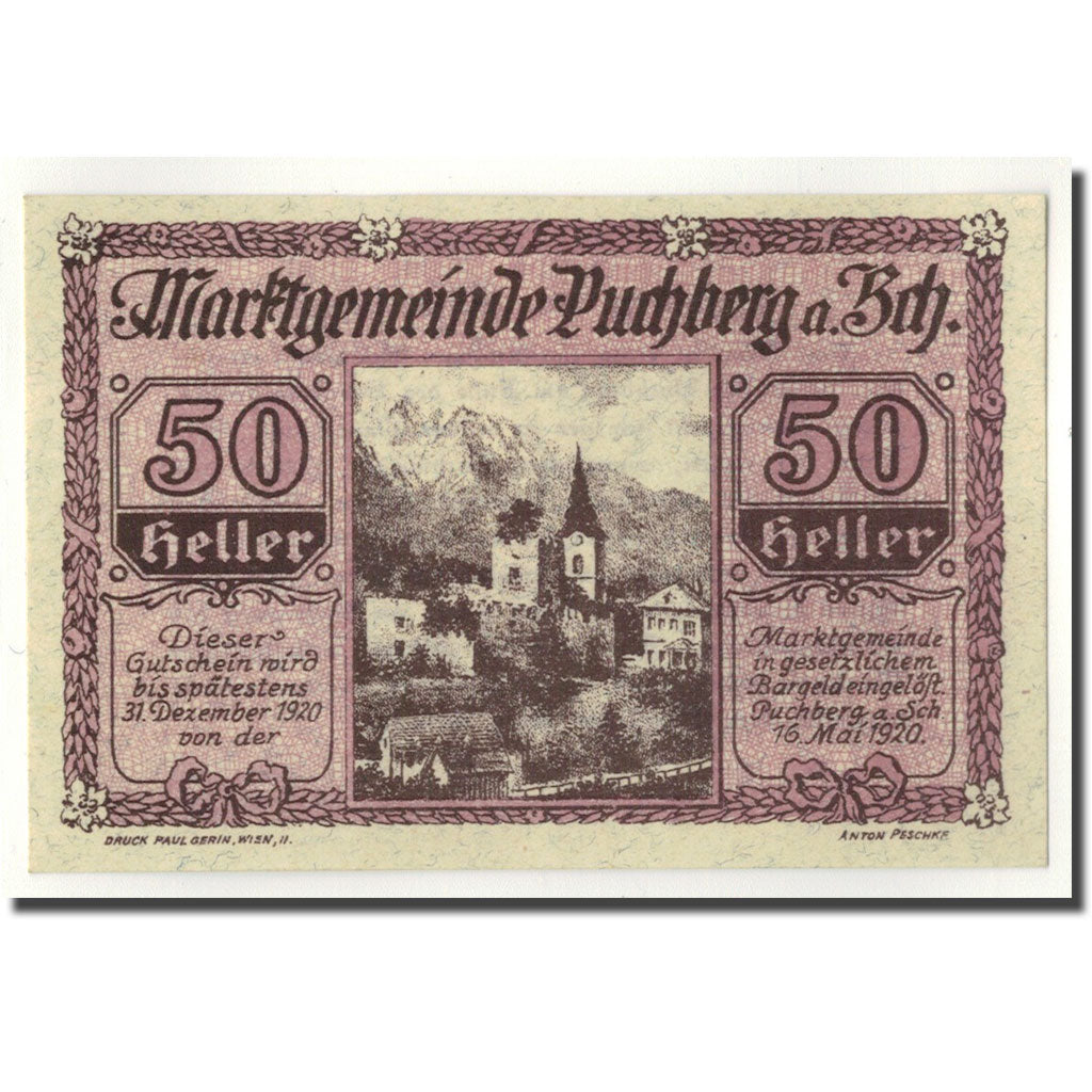 Geldschein, Österreich, Puchberg, 50 Heller, paysage 1, 1920, 1920-05-16, UNZ-
