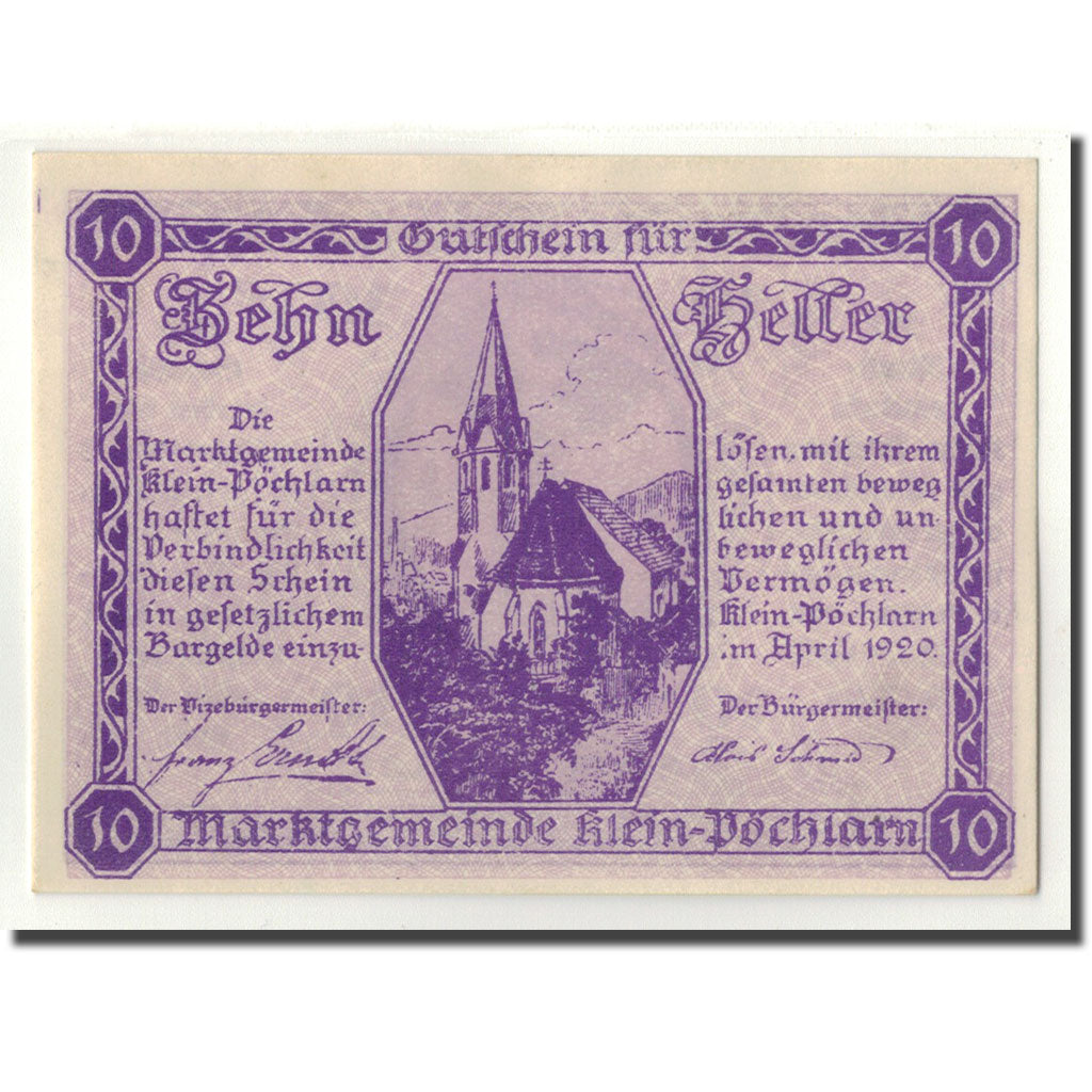 Geldschein, Österreich, Klein-Pochlarn, 10 Heller, Eglise, 1920, 1920-03-29