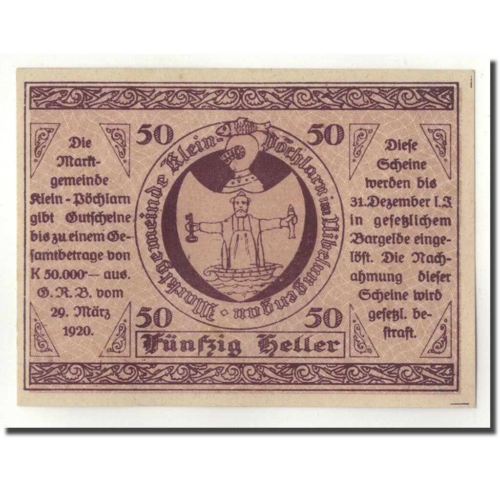 Banknote, Austria, Klein-Pochlarn, 50 Heller, Eglise, 1920, 1920-03-29, UNC(63)