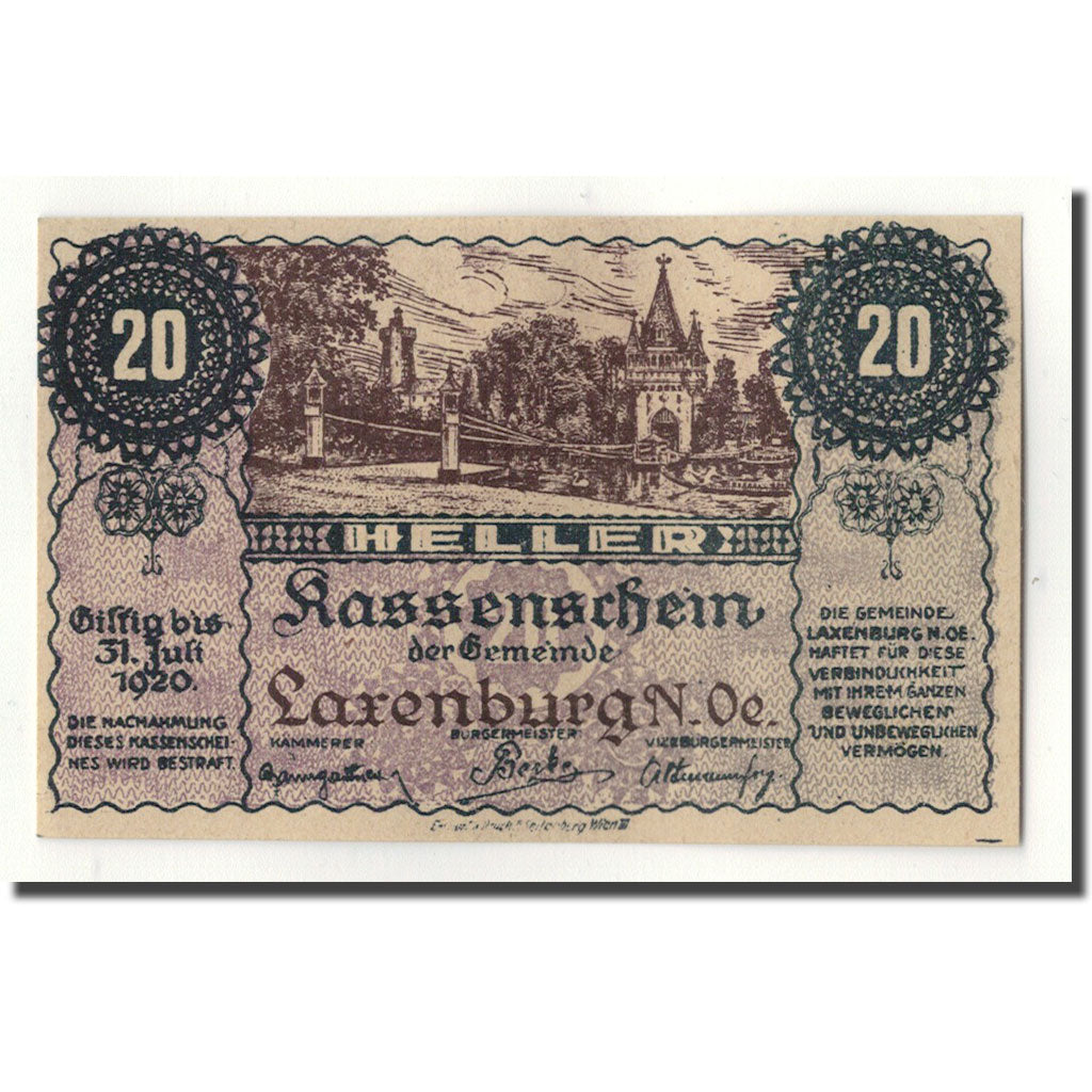 Banconote, Austria, Larenburg, 20 Heller, château, SPL, Mehl:507.1b