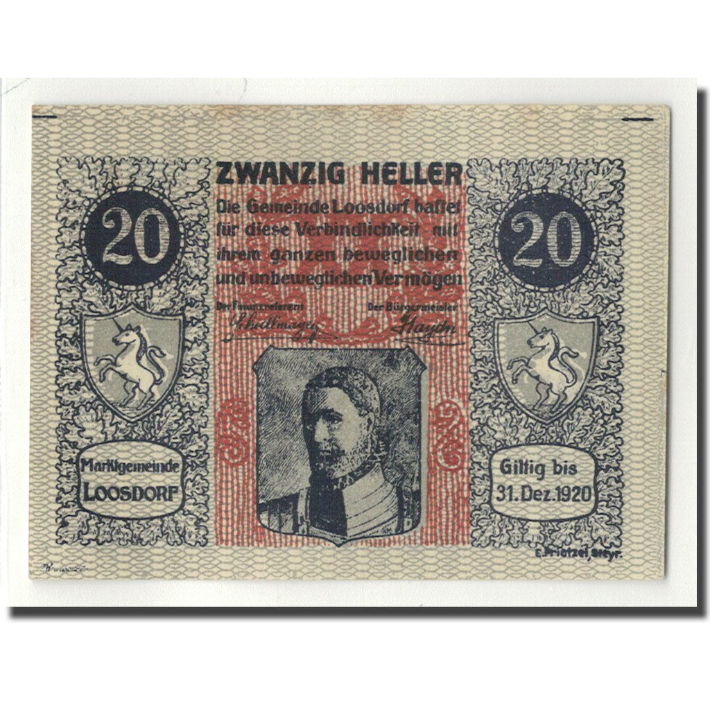Banknote, Austria, Loosdorf, 20 Heller, portrait, 1920, 1920-04-08, UNC(63)