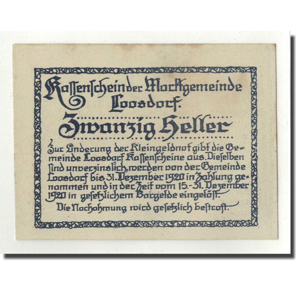 Banknote, Austria, Loosdorf, 20 Heller, portrait, 1920, 1920-04-08, UNC(63)