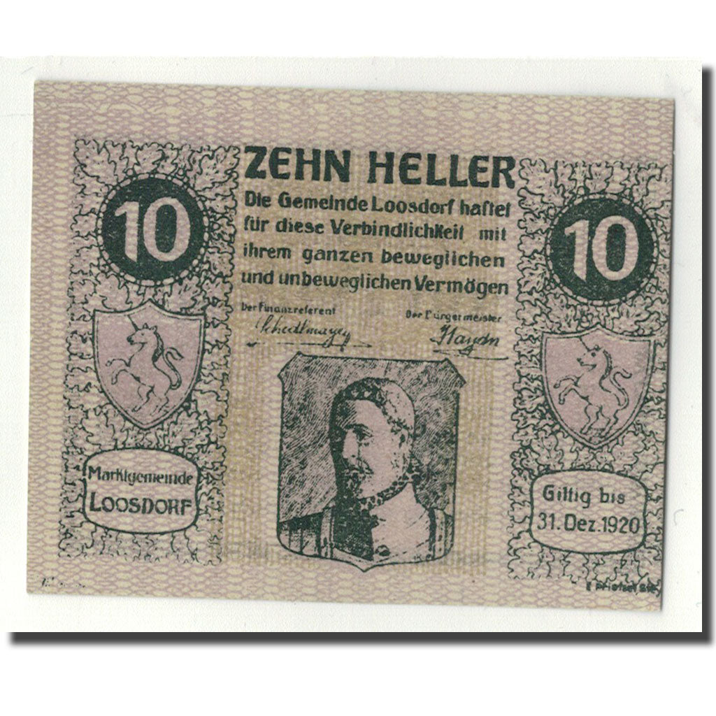 Banknote, Austria, Loosdorf, 10 Heller, portrait, 1920, 1920-04-08, UNC(63)