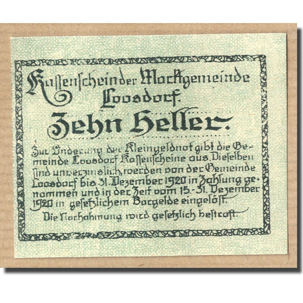 Banknote, Austria, Loosdorf, 10 Heller, portrait, 1920, 1920-04-08, UNC(63)