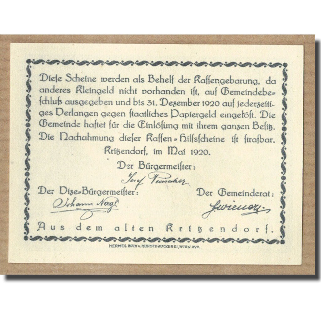 Banknote, Austria, Kritzendorf, 20 Heller, personnage, 1920, UNC(63), Mehl:484a