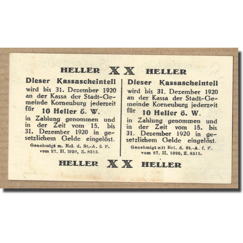 Banknote, Austria, Kroneuburg, 20 Heller, graphique, 1920, UNC(63), Mehl:466a