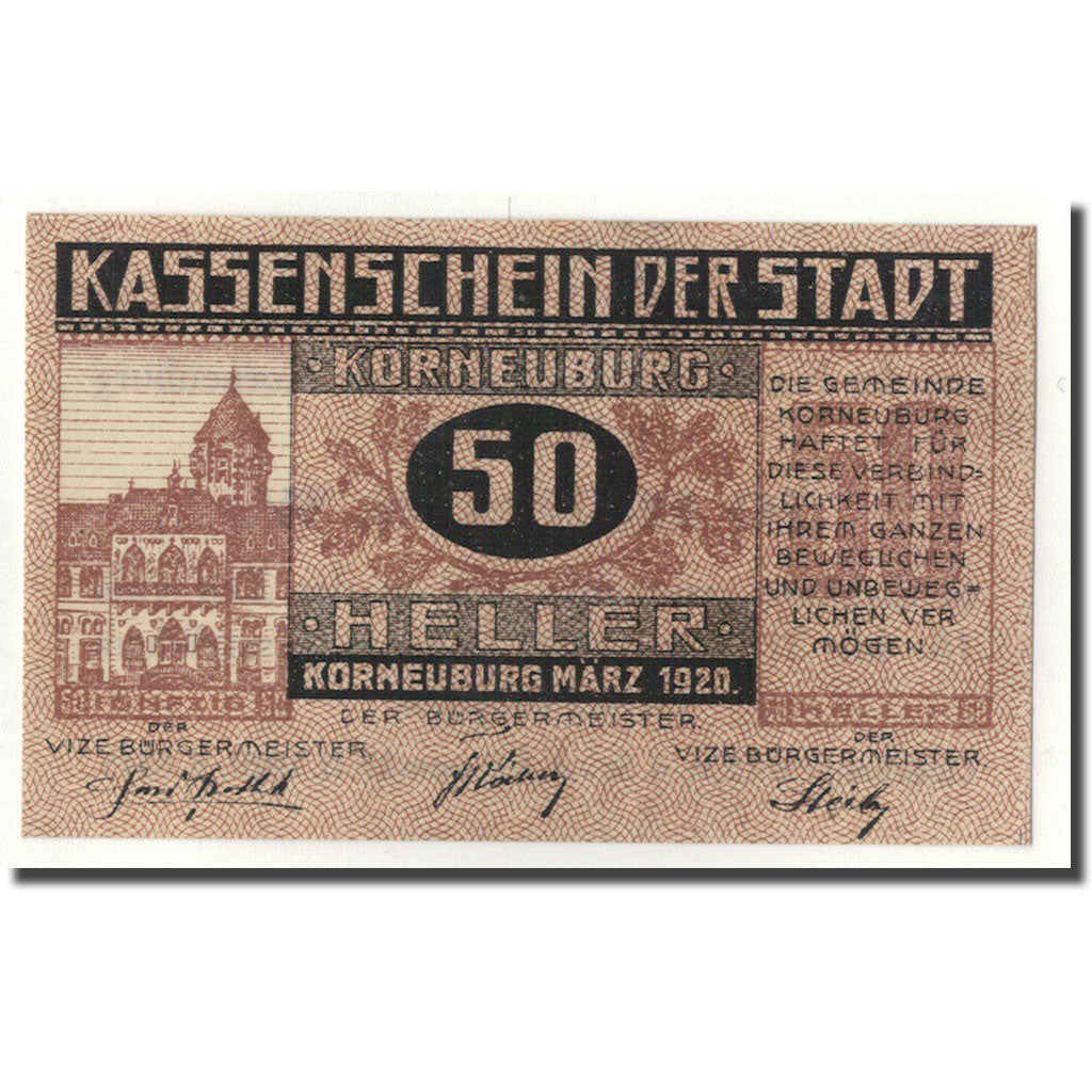 Banknote, Austria, Korneuburg, 50 Heller, paysage, 1920, UNC(63), Mehl:466a
