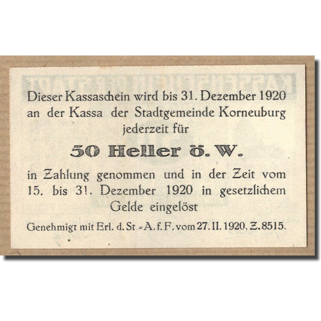 Banknote, Austria, Korneuburg, 50 Heller, paysage, 1920, UNC(63), Mehl:466a