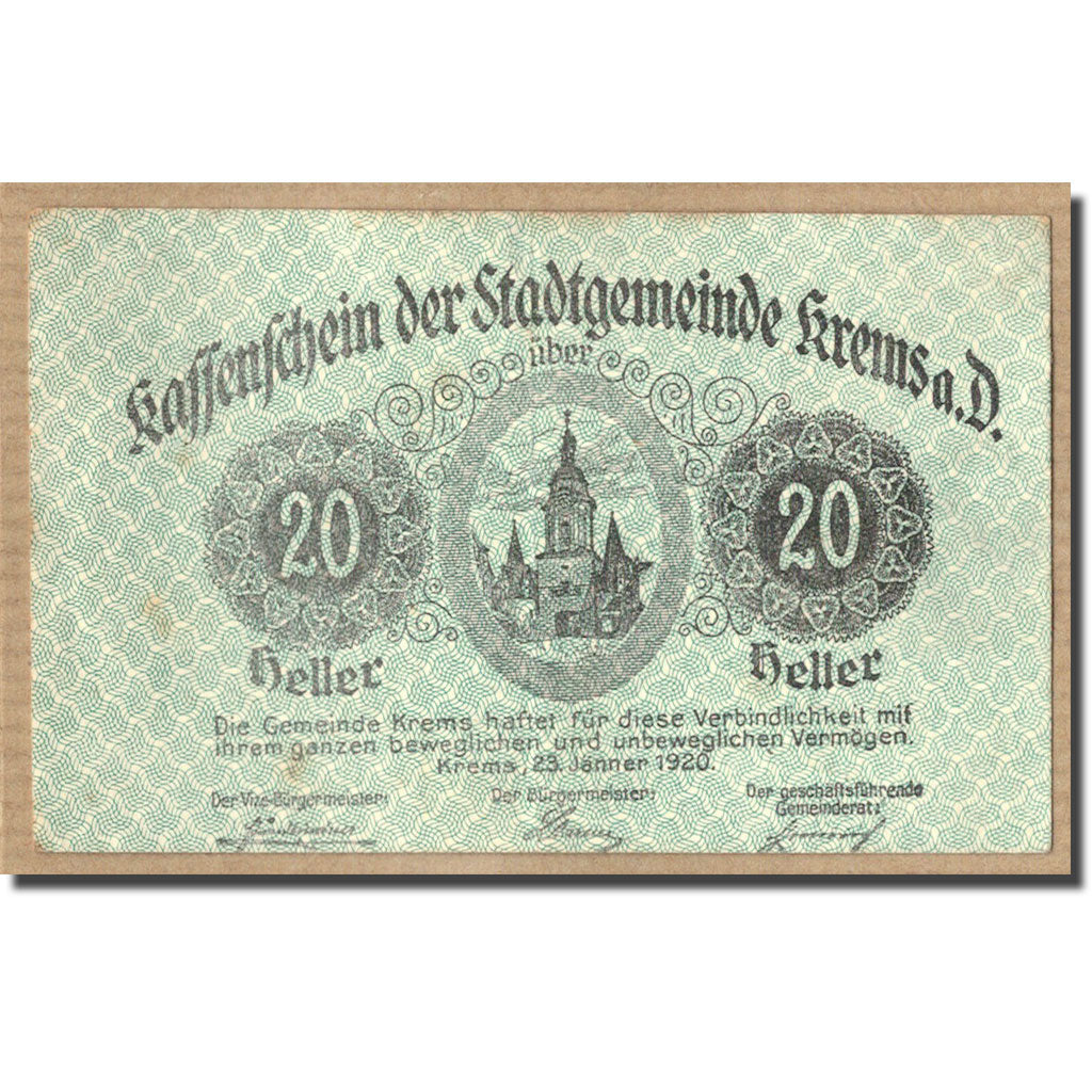 Banknote, Austria, Krems an der Donau, 20 Heller, Eglise, 1920, 1920-01-23