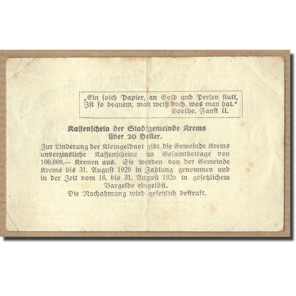 Banknote, Austria, Krems an der Donau, 20 Heller, Eglise, 1920, 1920-01-23