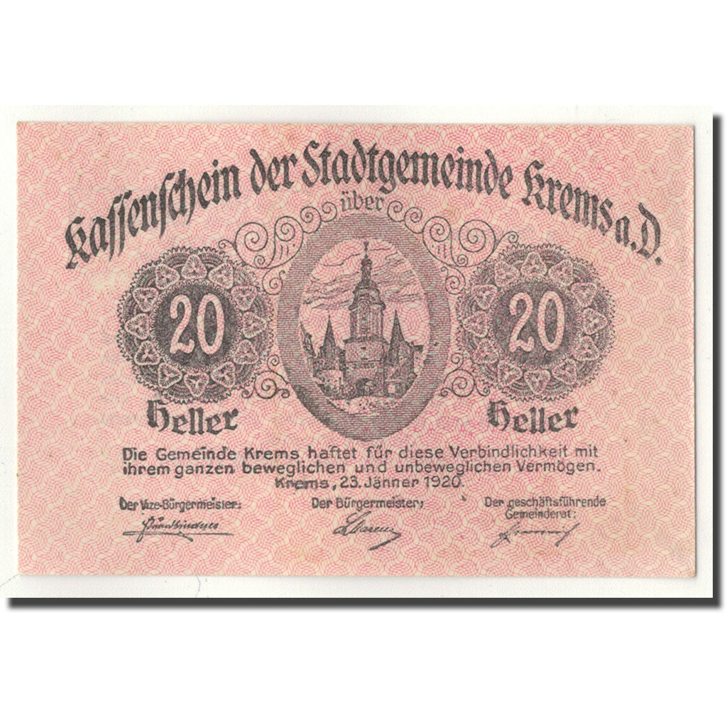Banknote, Austria, Krems an der Donau, 20 Heller, Eglise, 1920, 1920-01-23