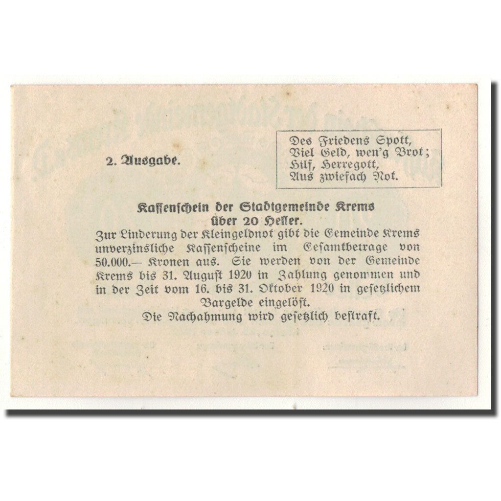 Banknote, Austria, Krems an der Donau, 20 Heller, Eglise, 1920, 1920-01-23