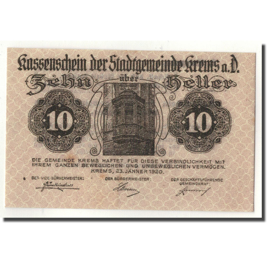 Geldschein, Österreich, Krems an der Donau, 10 Heller, Monument, 1920