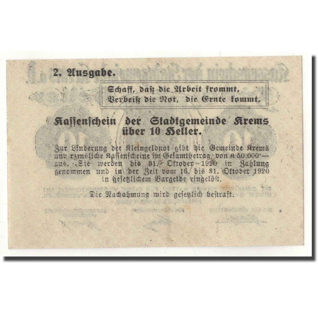 Geldschein, Österreich, Krems an der Donau, 10 Heller, Monument, 1920