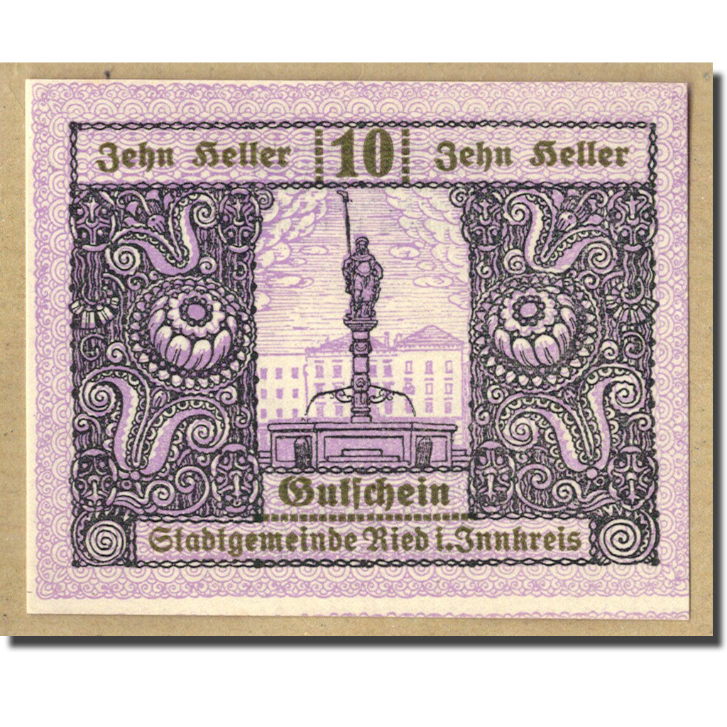 Geldschein, Österreich, Ried im Innkreis, 10 Heller, Monument, 1920