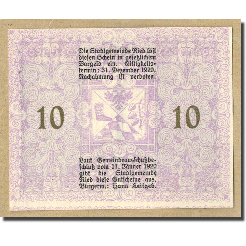Geldschein, Österreich, Ried im Innkreis, 10 Heller, Monument, 1920