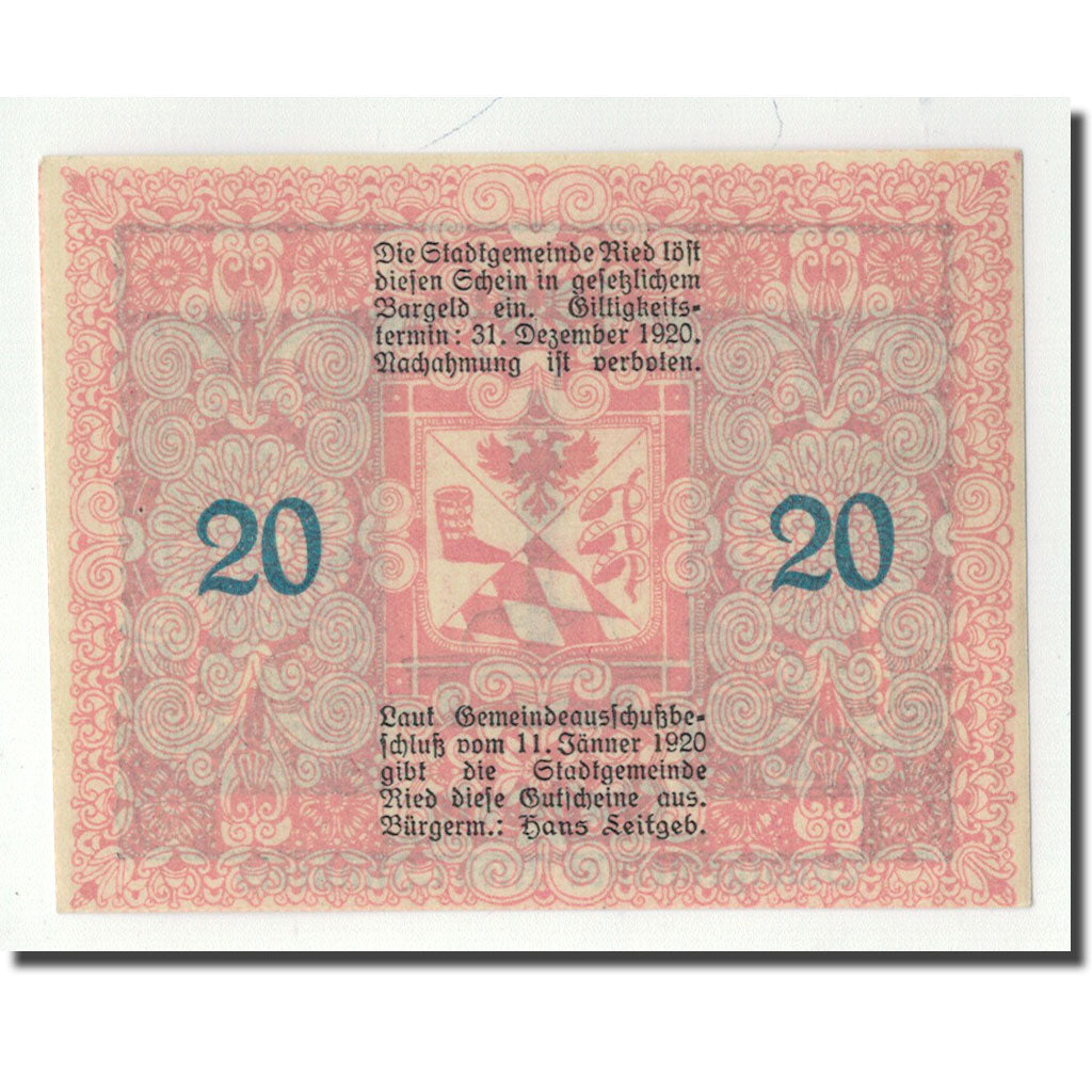 Banknote, Austria, Ried im Innkreis, 20 Heller, Monument, 1920, 1920-01-11
