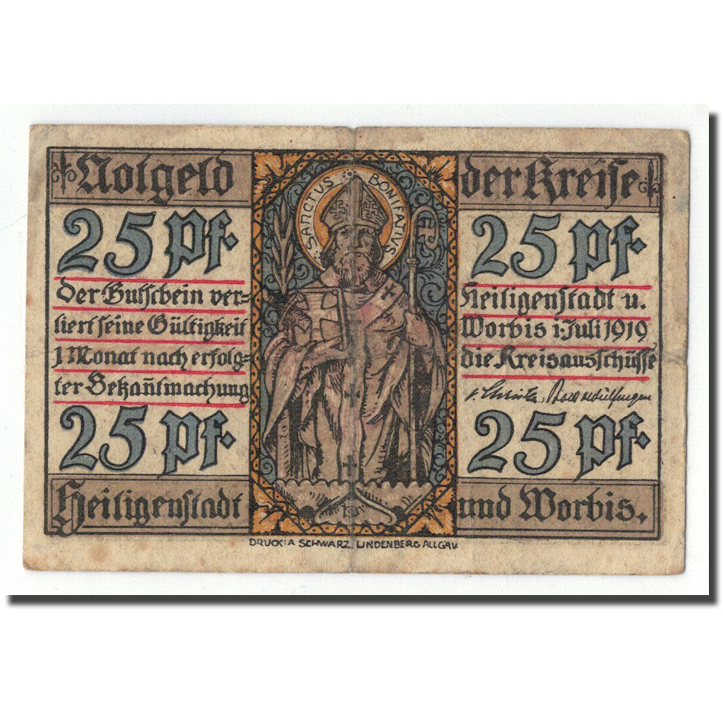 Banknot, Niemcy, Heilingenstadt, 25 Pfennig, personnage, 1919, 1919-07-01