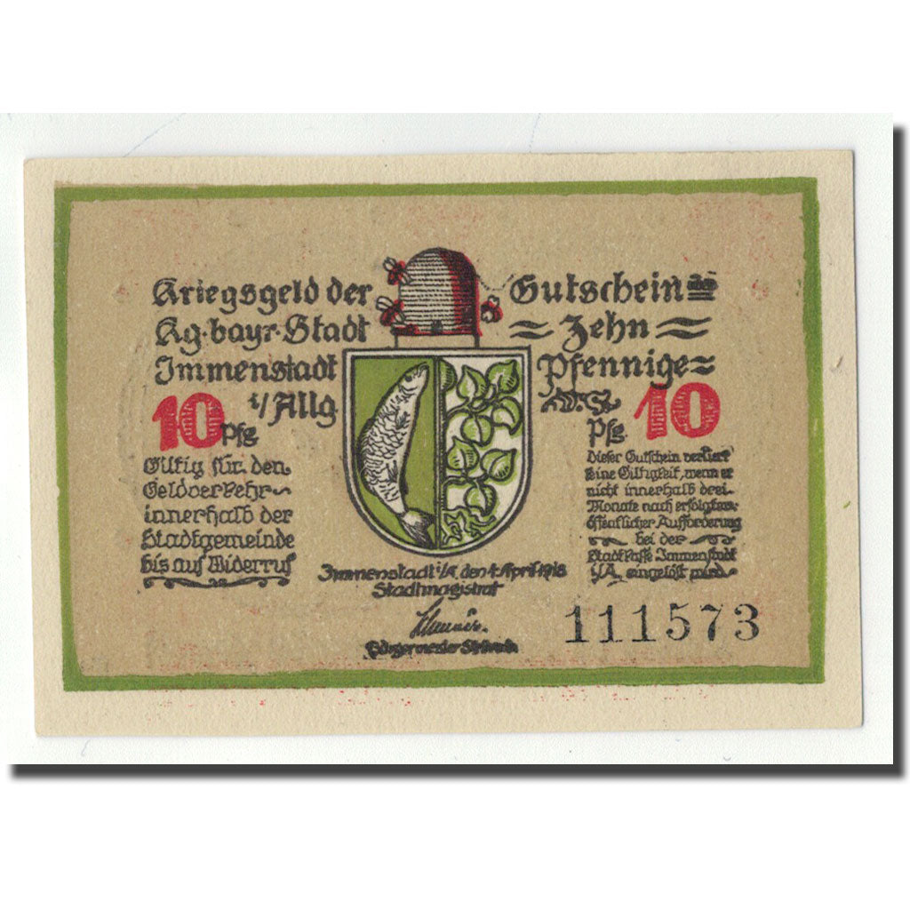 Banknot, Niemcy, Immenstadt i allgaü, 10 Pfennig, Ecusson, 1918, 1918-04-01