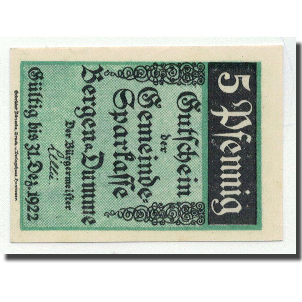 Banknot, Niemcy, Bergen a.d Dumme, 5 Pfennig, paysage, O.D, Undated, UNC(63)