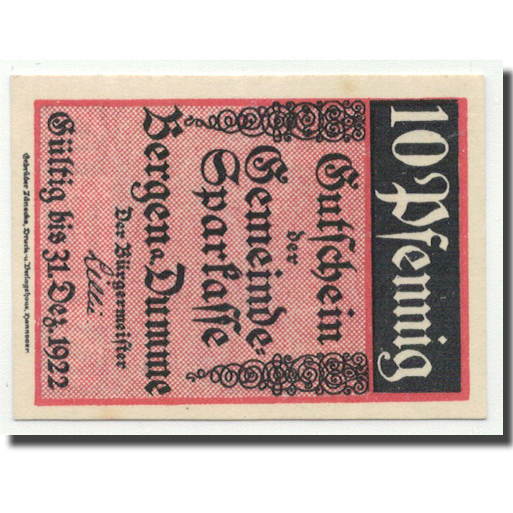 Banconote, Germania, Bergen a.d Dumme, 10 Pfennig, paysage, O.D, SPL, Mehl:78.1b