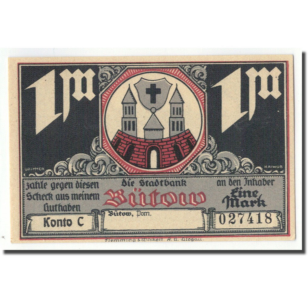 Banknot, Niemcy, Bütow, 1 Mark, château, 1922, Undated, UNC(63), Mehl:204.1b