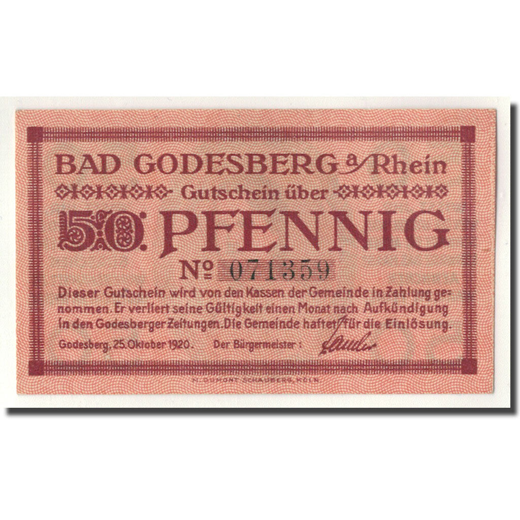Banknot, Niemcy, Godesberg, 50 Pfennig, portrait, 1920, 1920-10-25, UNC(63)