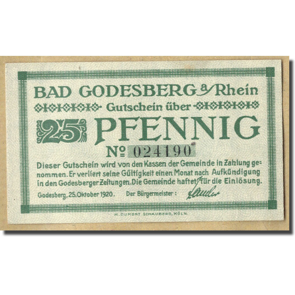 Banknot, Niemcy, Godesberg, 25 Pfennig, paysage, 1920, 1920-10-25, UNC(63)