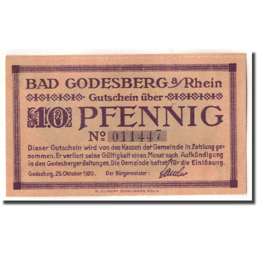 Banknot, Niemcy, Godesberg, 10 Pfennig, paysage, 1920, 1920-10-25, UNC(63)
