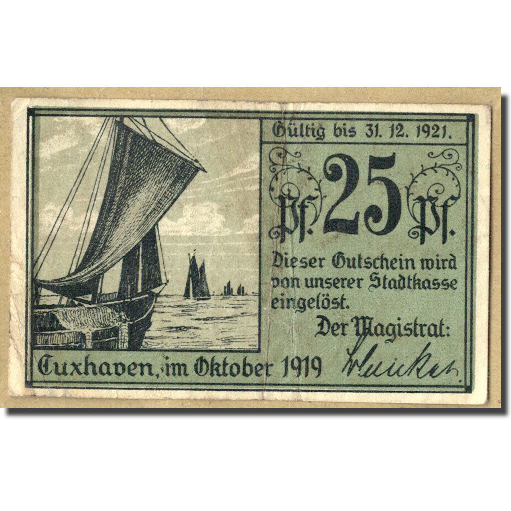 Banknot, Niemcy, Cuxhaven, 25 Pfennig, bateau, 1919, Undated, UNC(63), Mehl:C