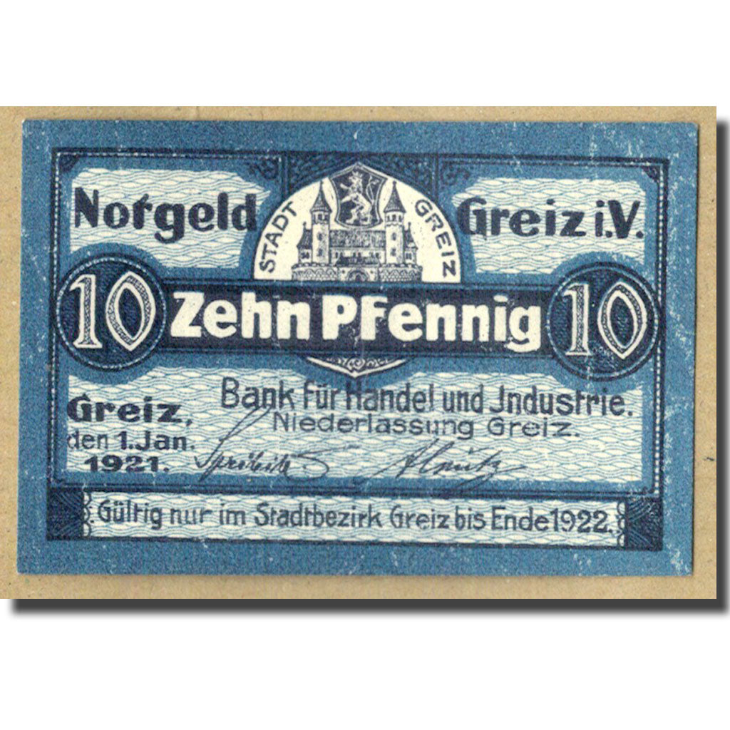 Banknot, Niemcy, Greiz Stadt, 10 Pfennig, château, 1921, Undated, UNC(63)