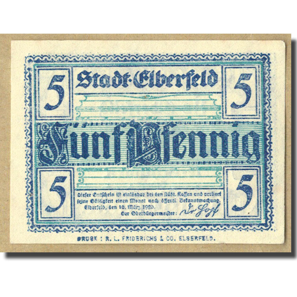 Banknot, Niemcy, Elberfeld, 5 Pfennig, graphique, 1920, 1920-03-10, UNC(63)